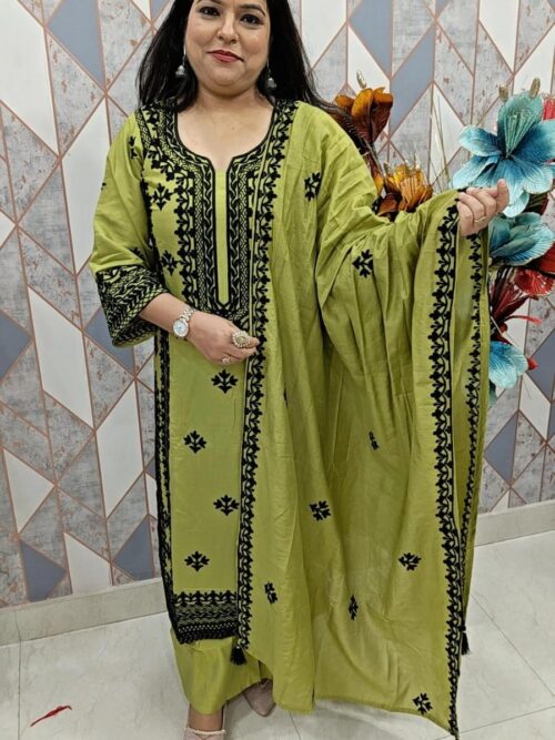 Parrot Green Embroidered Silk Suit Set with Black Thread Work & Dupatta