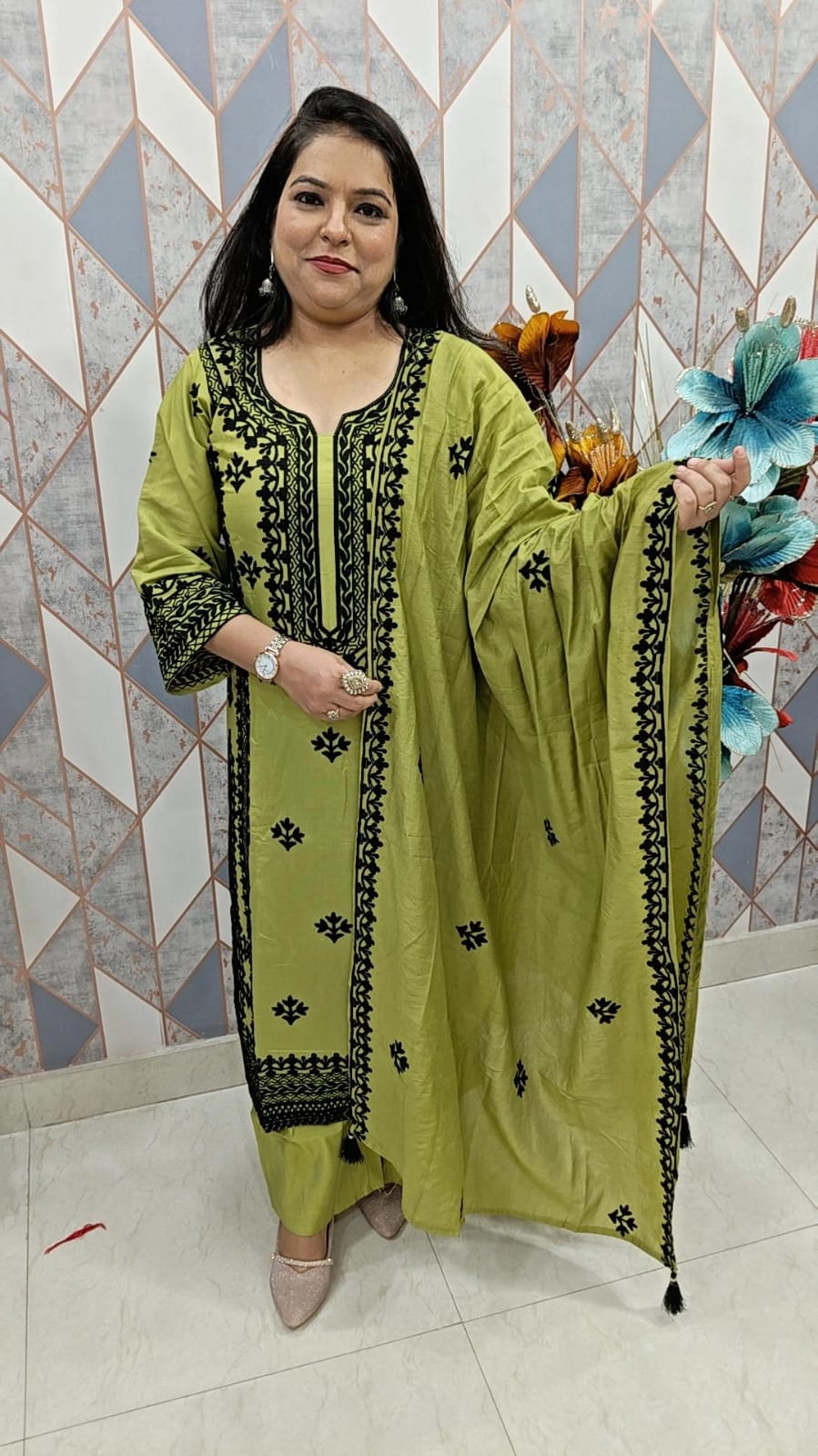 Parrot Green Embroidered Silk Suit Set with Black Thread Work & Dupatta