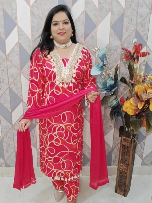 Designer Reyon Suit with Mirror and Lace Work