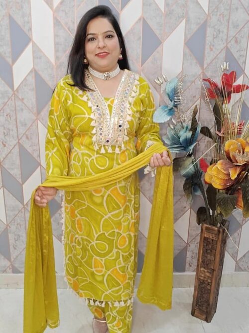 Designer Reyon Suit with Mirror and Lace Work