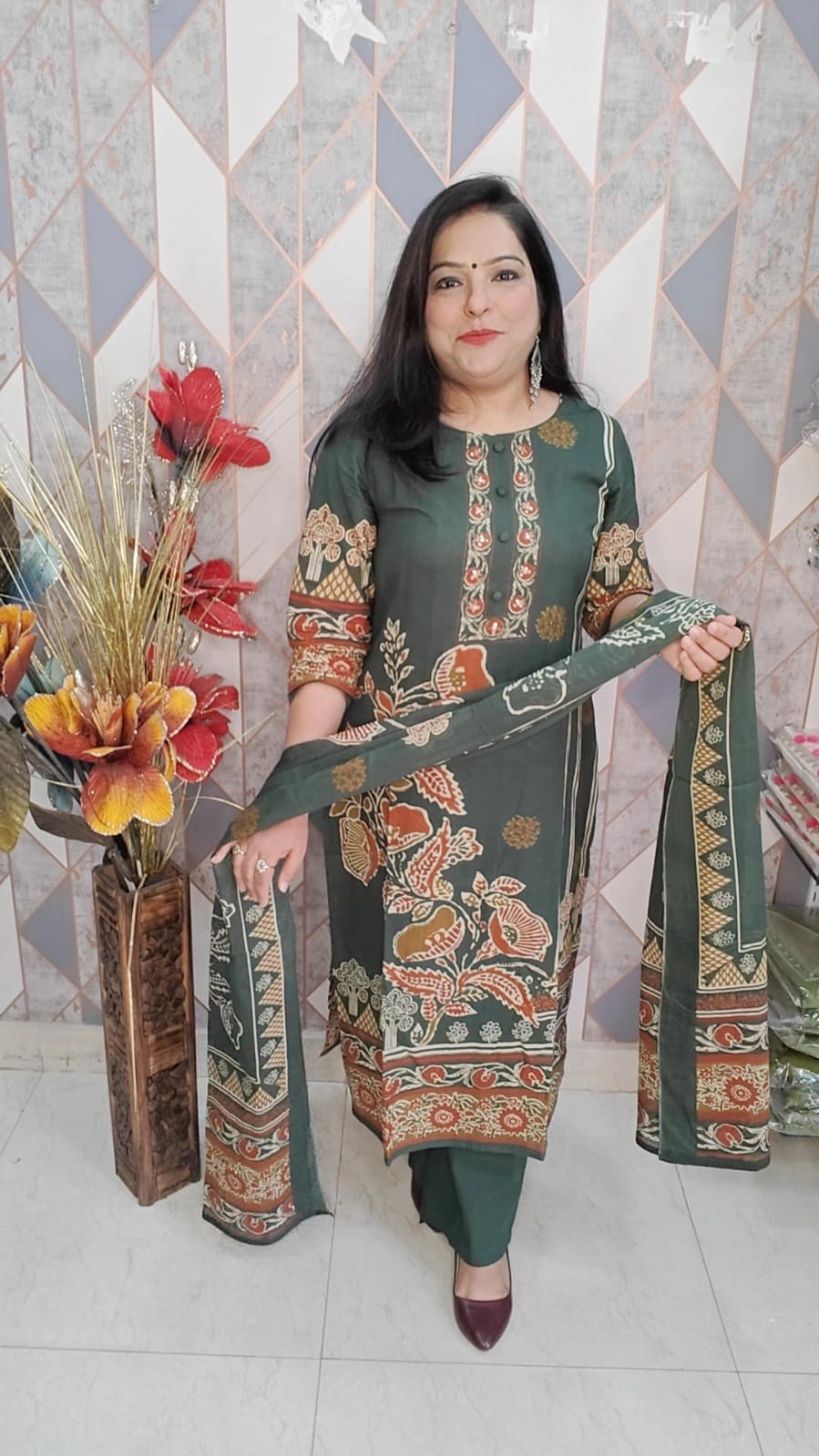 Designer Suit with Print and Neck Work