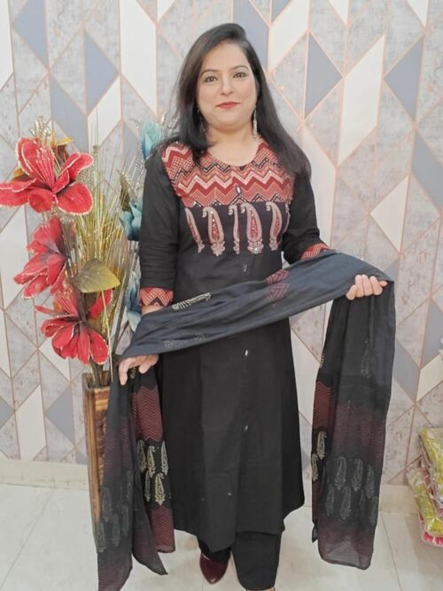 Designer Cotton Suit with Handwork - Black