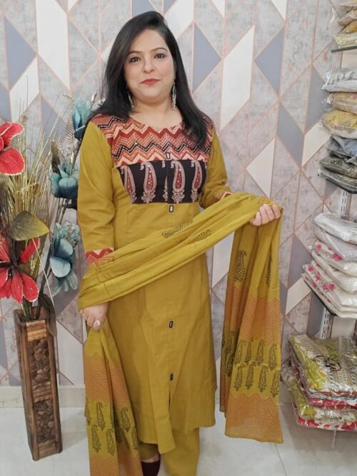 Designer Cotton Suit with Handwork - Musturd