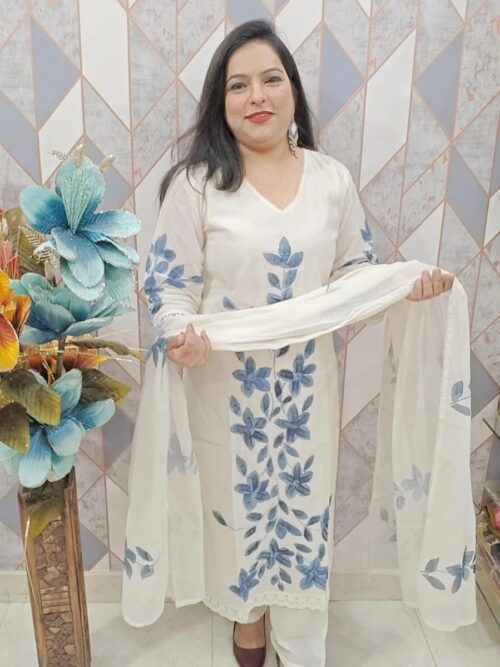 Designer Cotton Suit with Cutdana Work & Brush Paint (Blue)– Sizes S to XXL