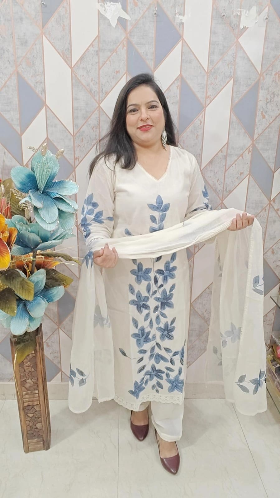 Designer Cotton Suit with Cutdana Work & Brush Paint (Blue)– Sizes S to XXL
