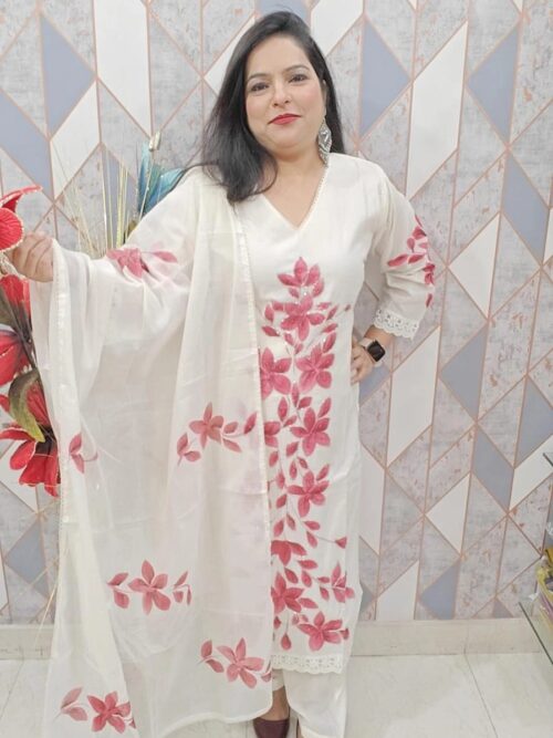 Designer Cotton Suit with Cutdana Work & Brush Paint (Rose Pink)– Sizes S to XXL