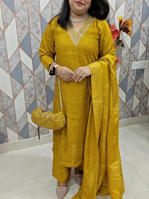 Mustard Yellow Silk Partywear Suit with Banarasi Dupatta and hand bag| Designer Festive Suit