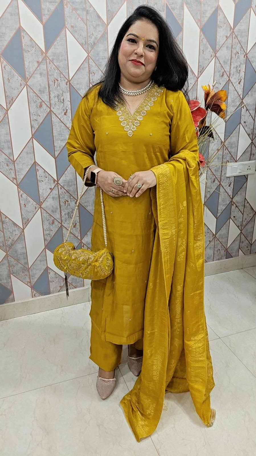 Mustard Yellow Silk Partywear Suit with Banarasi Dupatta and hand bag| Designer Festive Suit