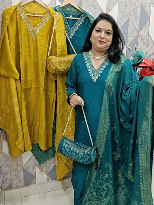 Teal Blue Silk Partywear Suit with Banarasi Dupatta and hand bag| Designer Festive Suit