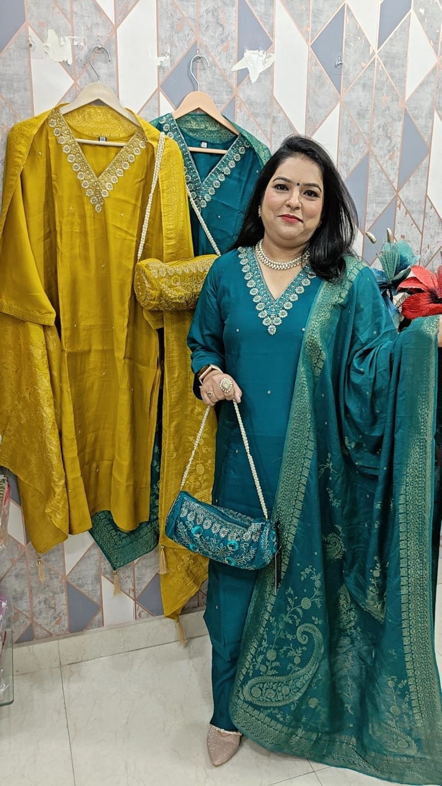 Teal Blue Silk Partywear Suit with Banarasi Dupatta and hand bag| Designer Festive Suit
