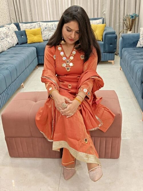 Rust Shimar Silk Suit with Real Mirror & Ghungroo Work | Designer Partywear Suit