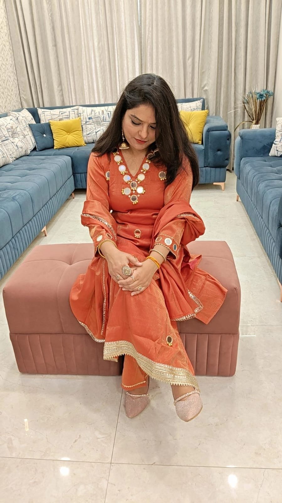 Rust Shimar Silk Suit with Real Mirror & Ghungroo Work | Designer Partywear Suit