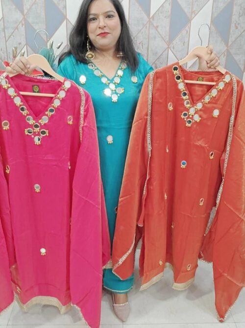 Rani Colour Silk Suit with Real Mirror & Ghungroo Work | Designer Partywear Suit
