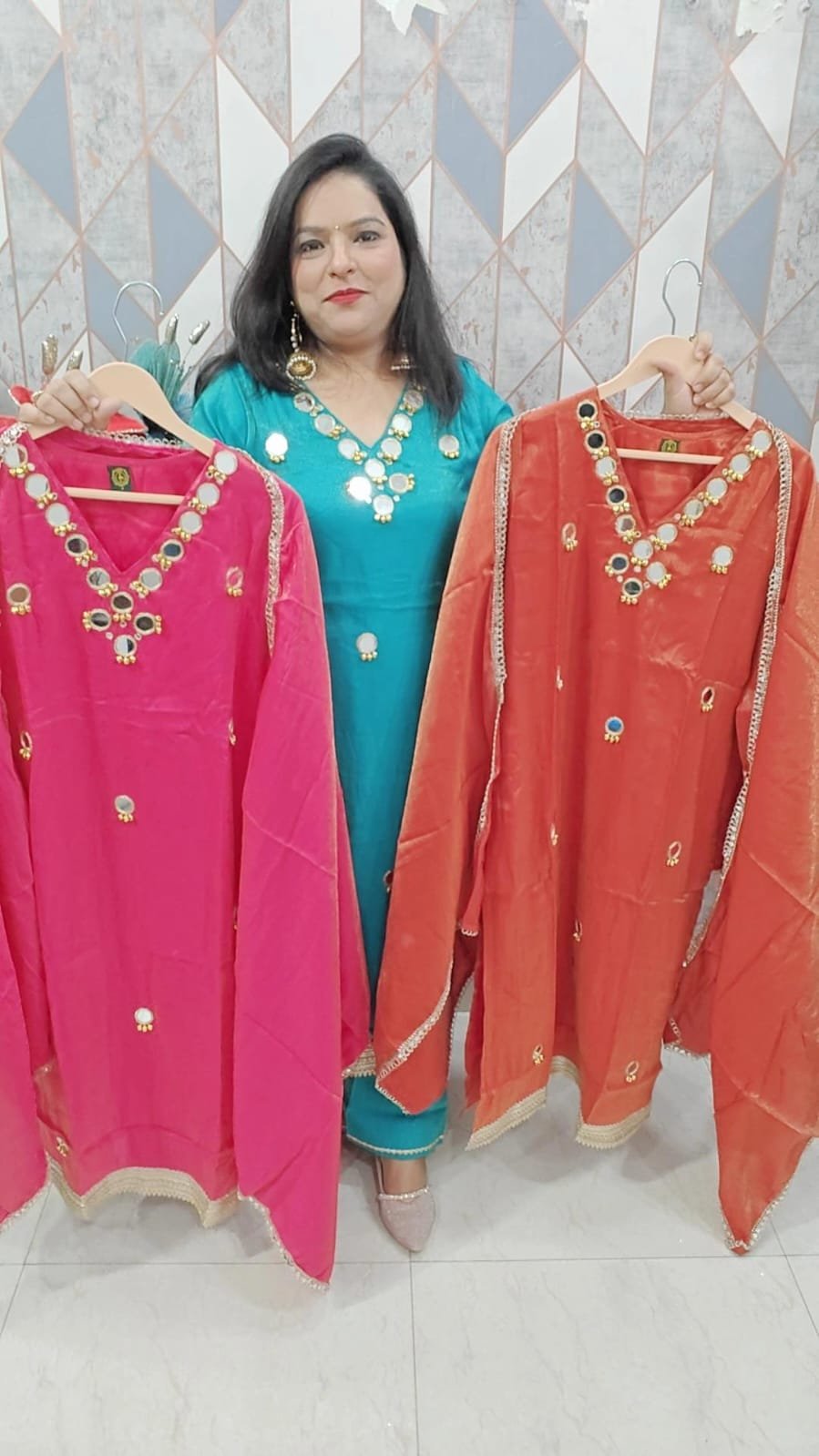 Teal Blue Silk Suit with Real Mirror & Ghungroo Work | Designer Partywear Suit - Image 2