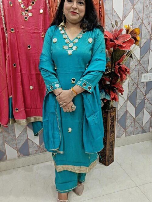 Teal Blue Silk Suit with Real Mirror & Ghungroo Work | Designer Partywear Suit