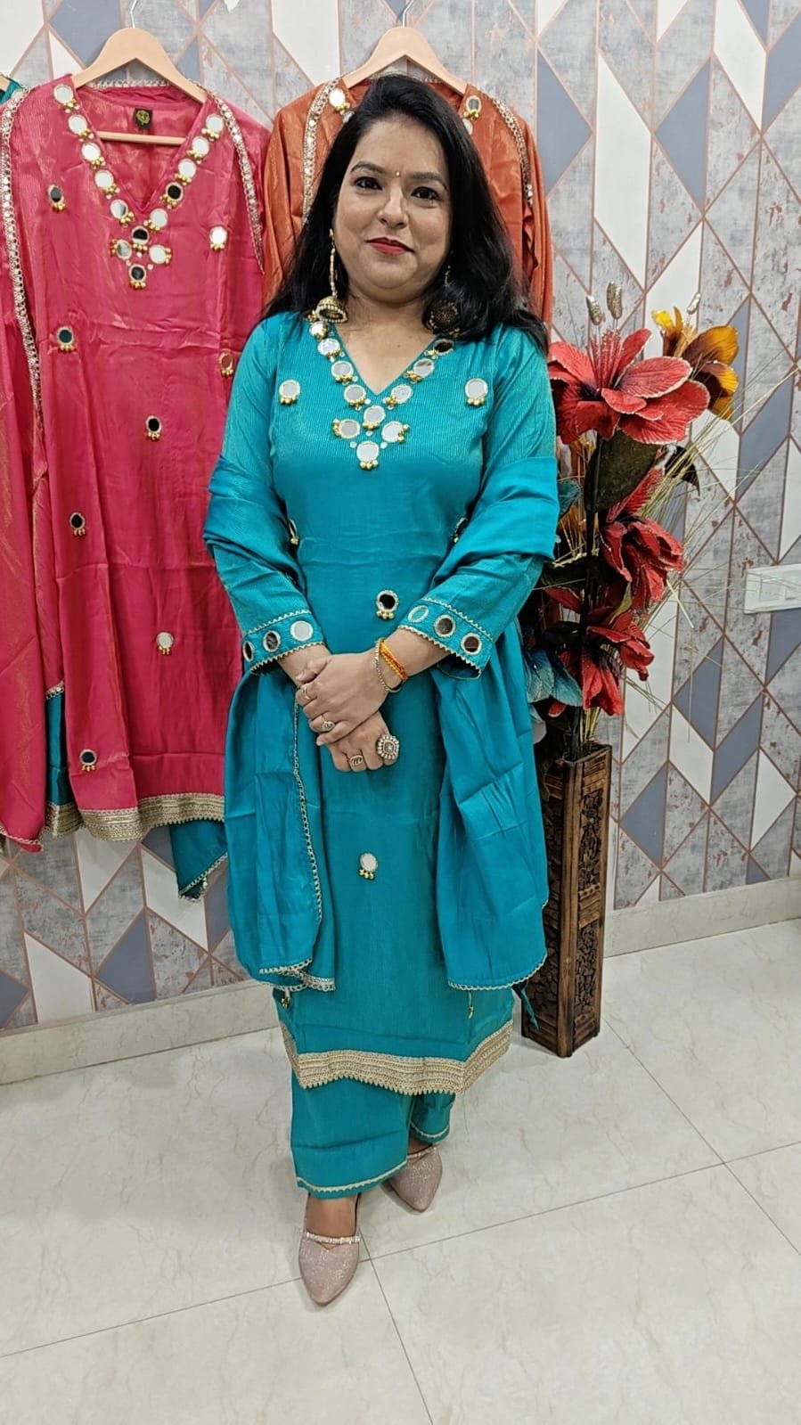 Teal Blue Silk Suit with Real Mirror & Ghungroo Work | Designer Partywear Suit
